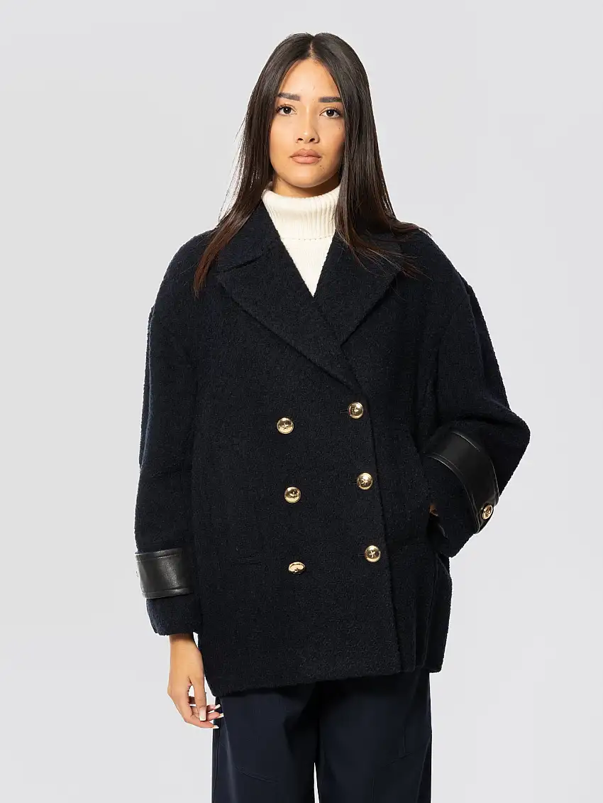 Cappotto Caban in Tessuto Bouclé Blu