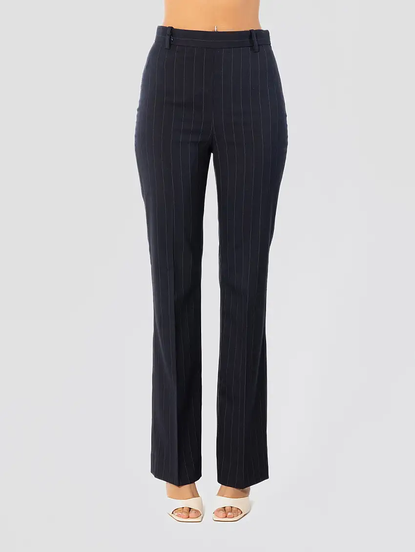 Pantalone Gessato Vita Alta Blu