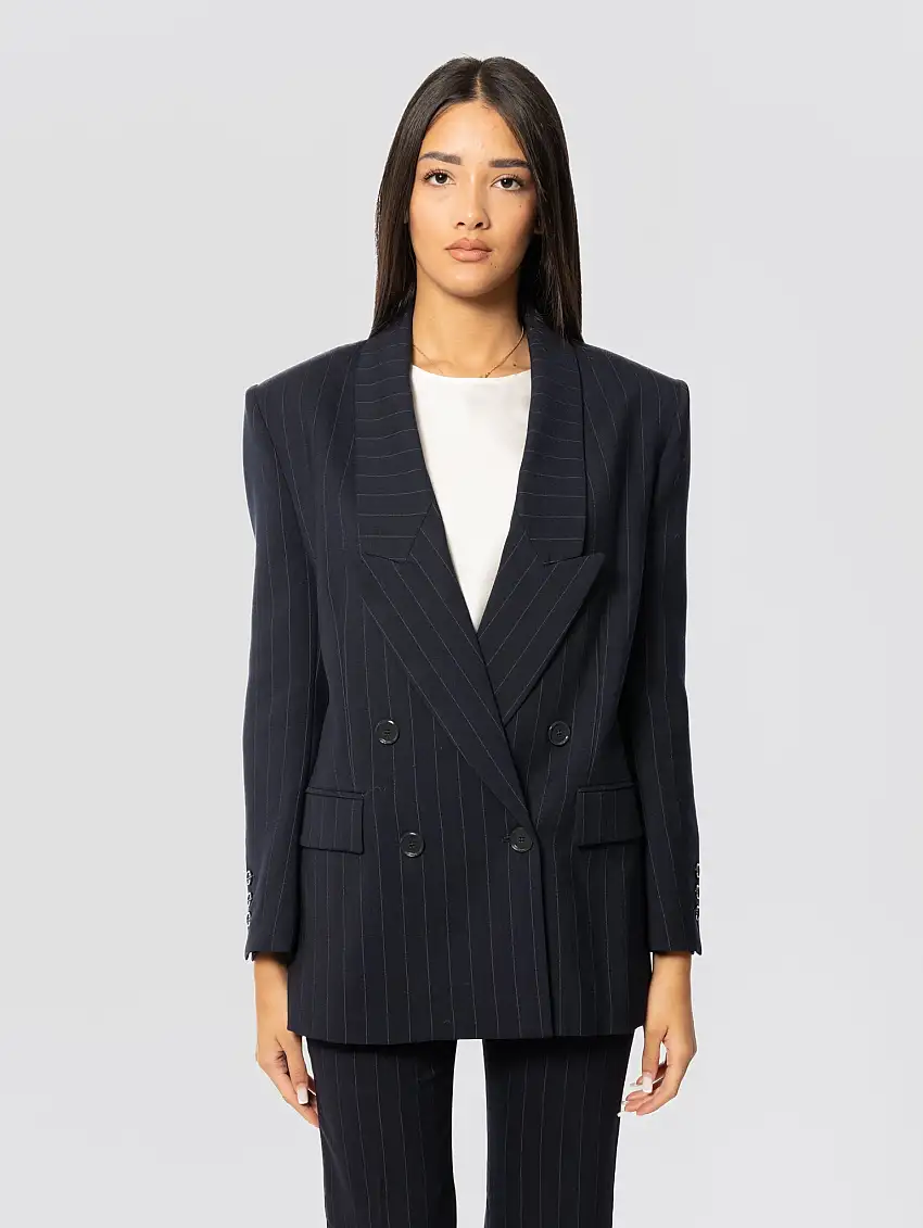 Giacca Gessato Doppiopetto con Collo a Revers Blu