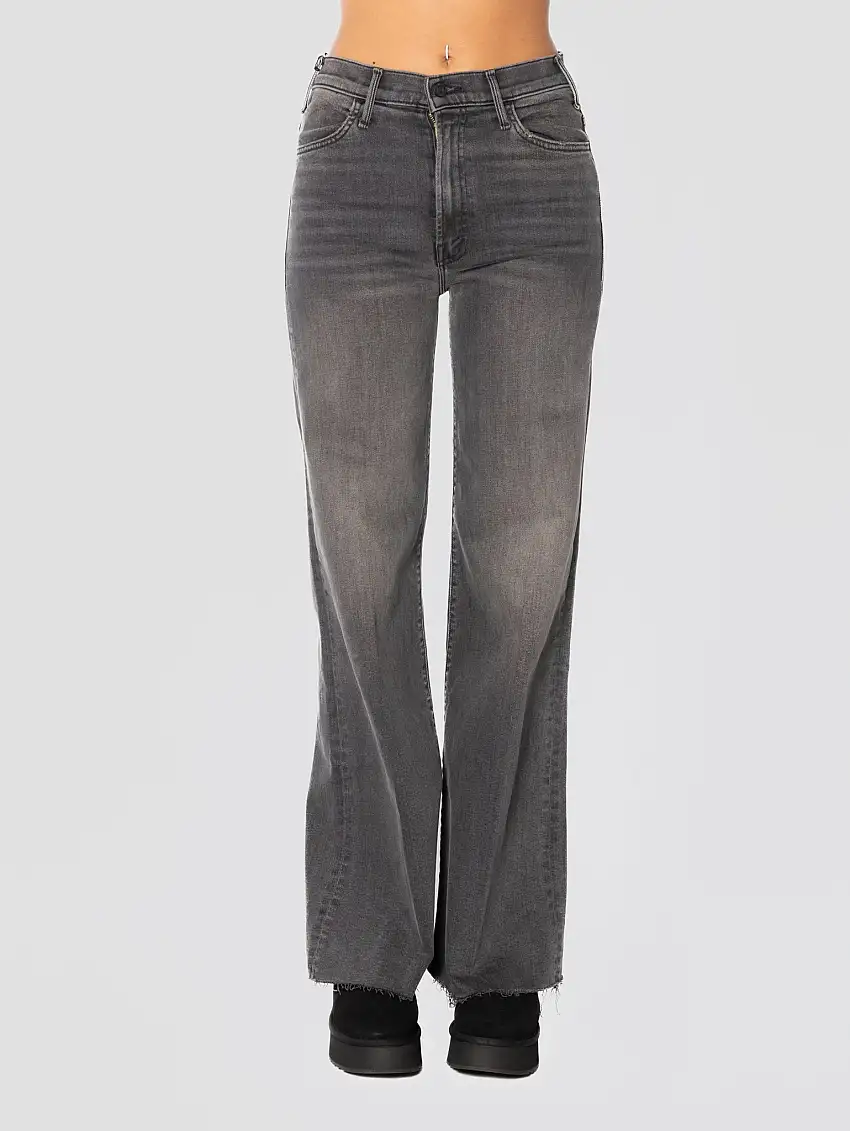 Denim a Zampa e Vita Alta con Orlo Sfrangiato Grigio