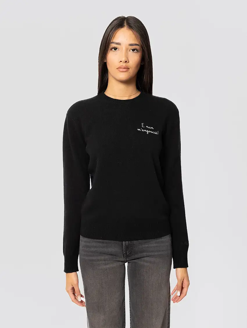 Maglione Girocollo con Ricamo E Nun M'Angoscià! Nero