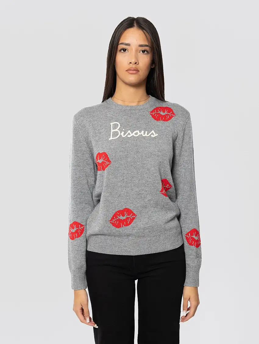 Maglione Girocollo con Ricami Bisous e Baci Grigio