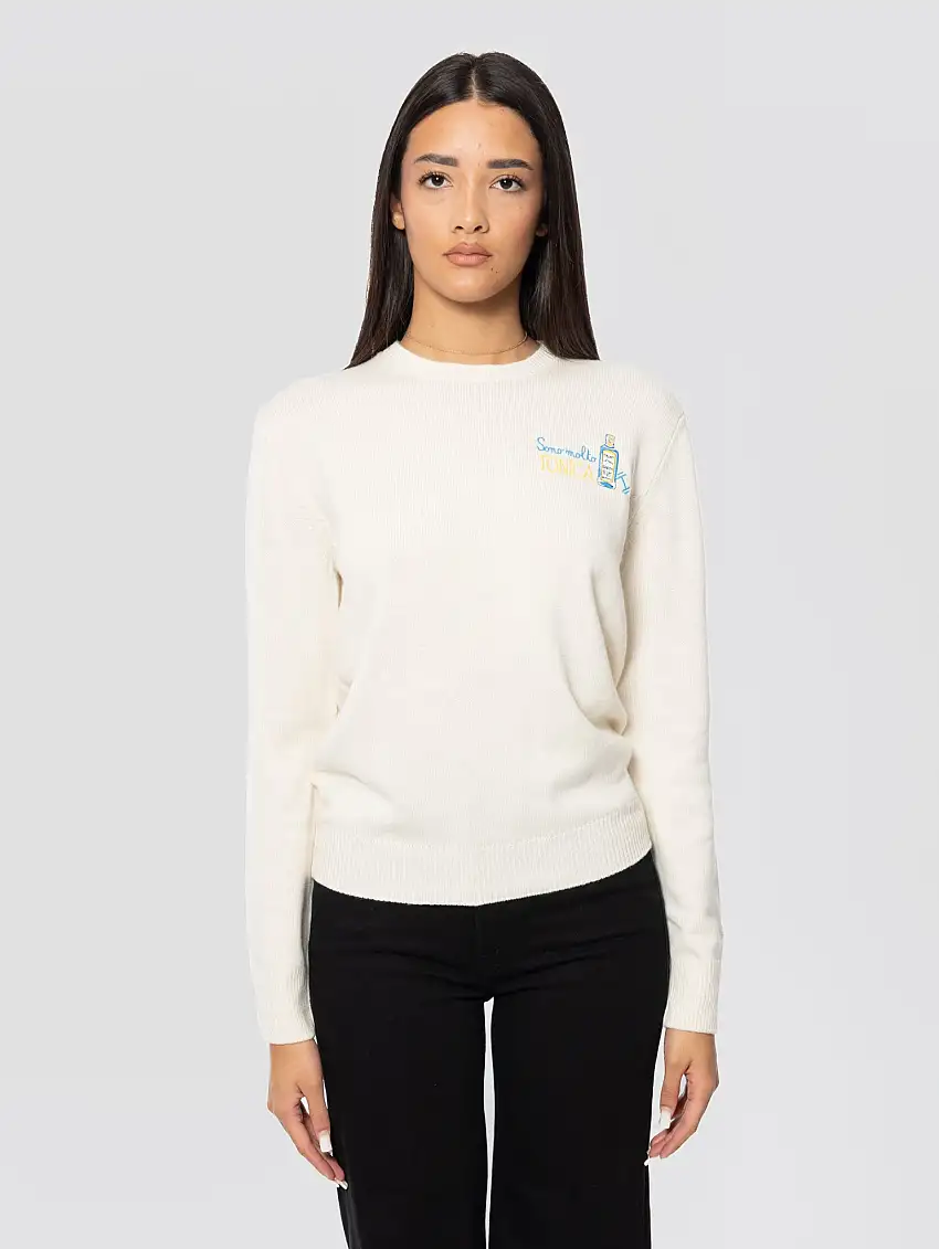 Maglione Girocollo con Ricamo Sono Molto Tonica Bianco