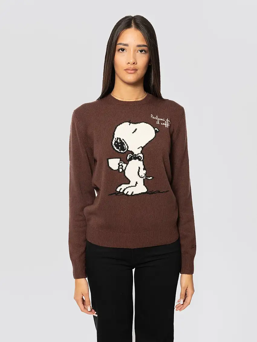 Maglione Girocollo Snoopy Parlami Dopo il Caffè Marrone