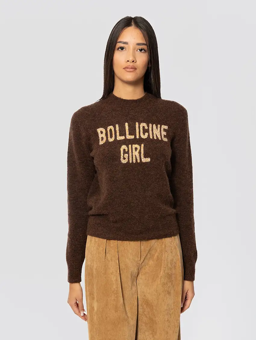 Maglione Girocollo Bollicine Girl con Strass Marrone