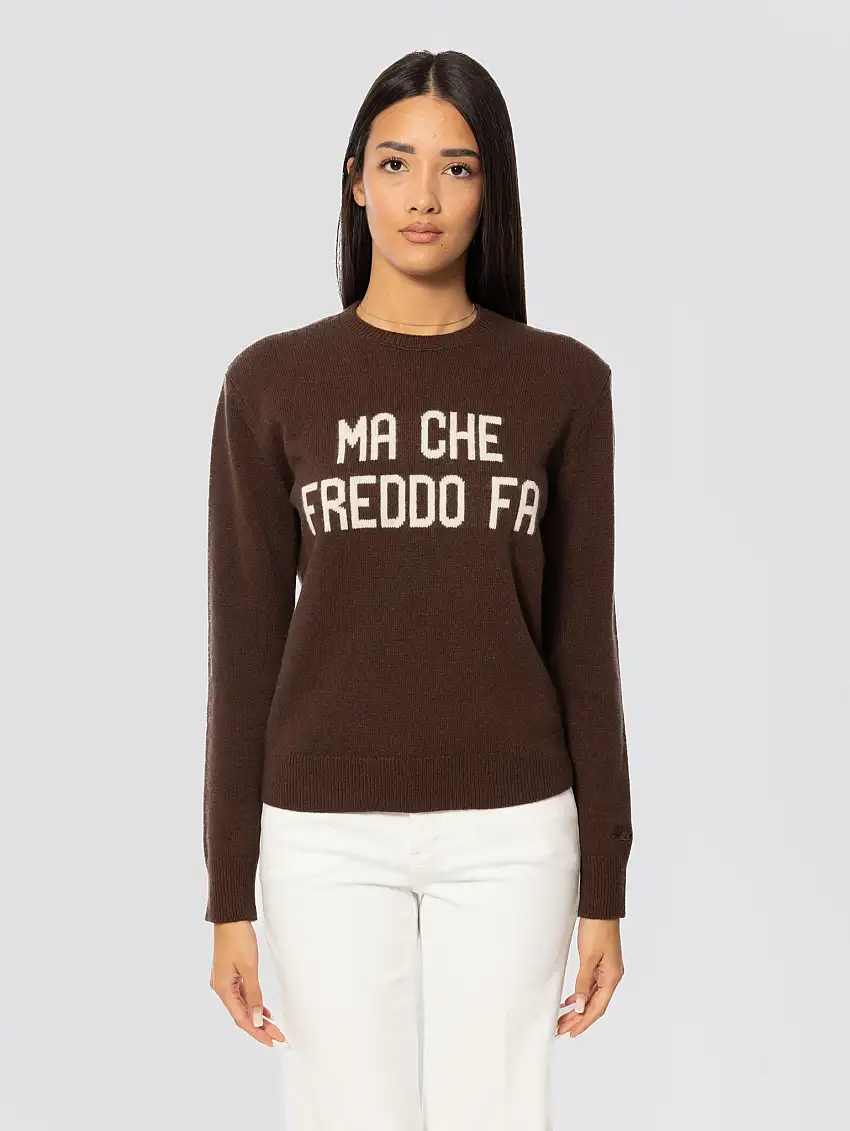 Maglione Girocollo Stampa Jacquard Ma Che Freddo Fa Marrone