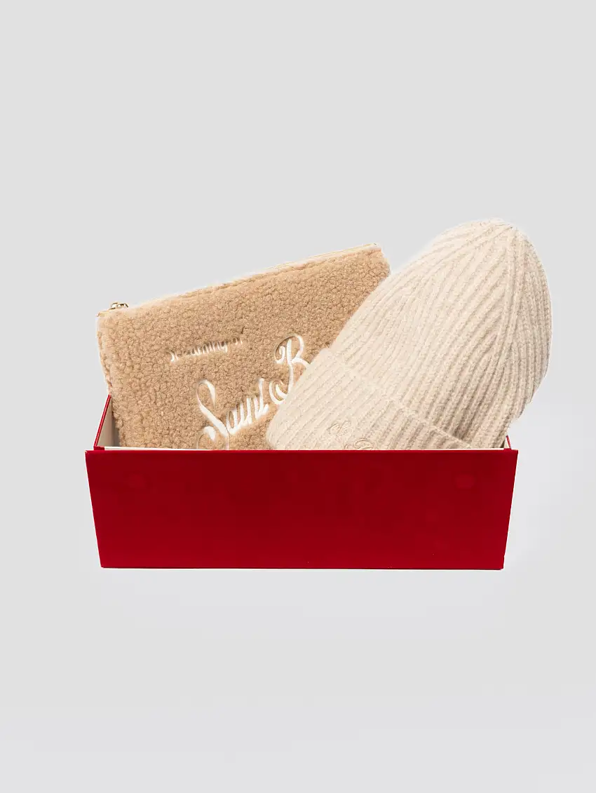 Box con Cappello in Lana e Pochette in Tessuto Sherpa Beige