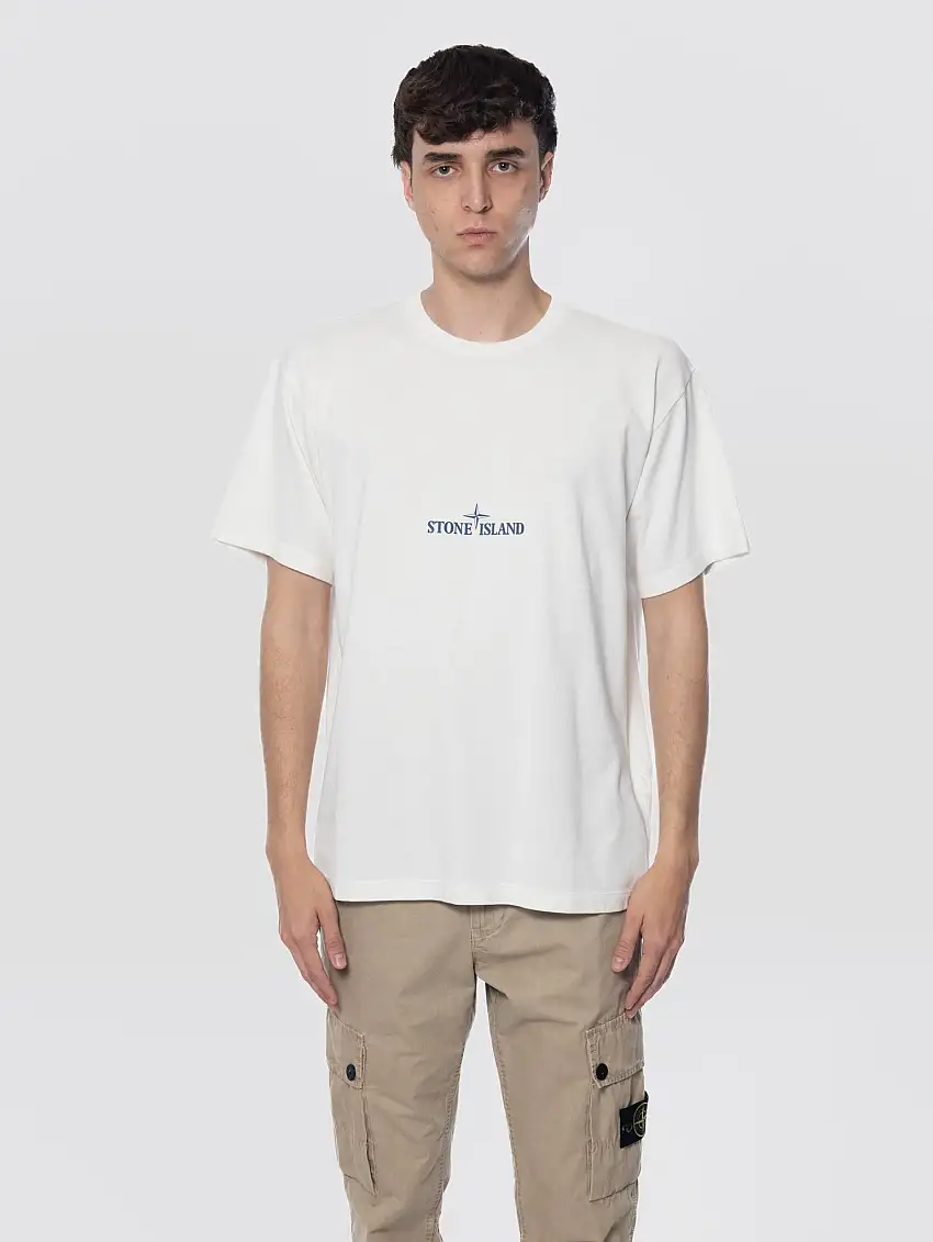 T-shirt Girocollo con Stampa Construction Lines Bianco