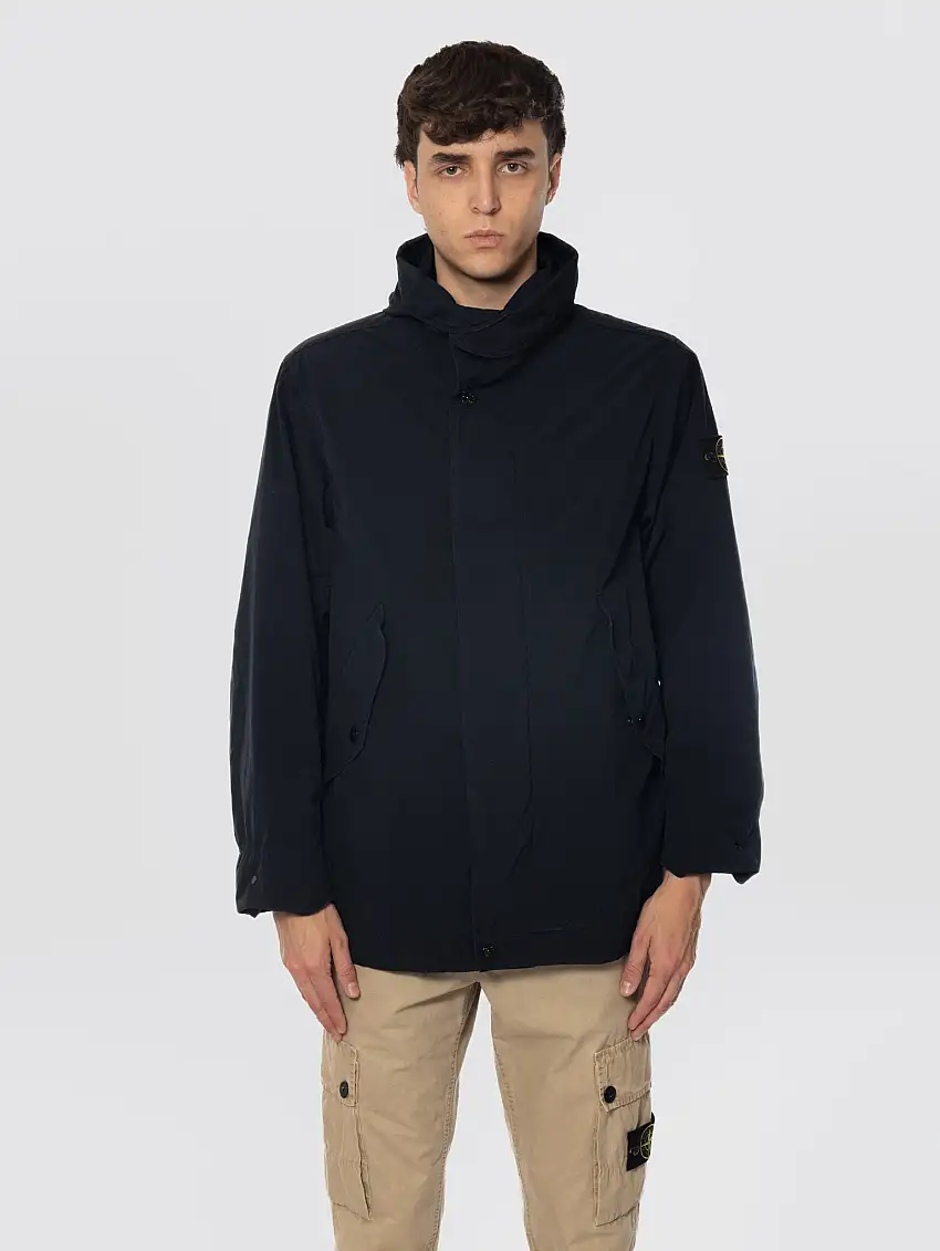 Parka Corto in Tela Compatta Blu Navy