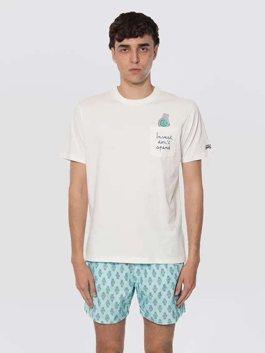 T-shirt con Taschino e Stampa Bianco