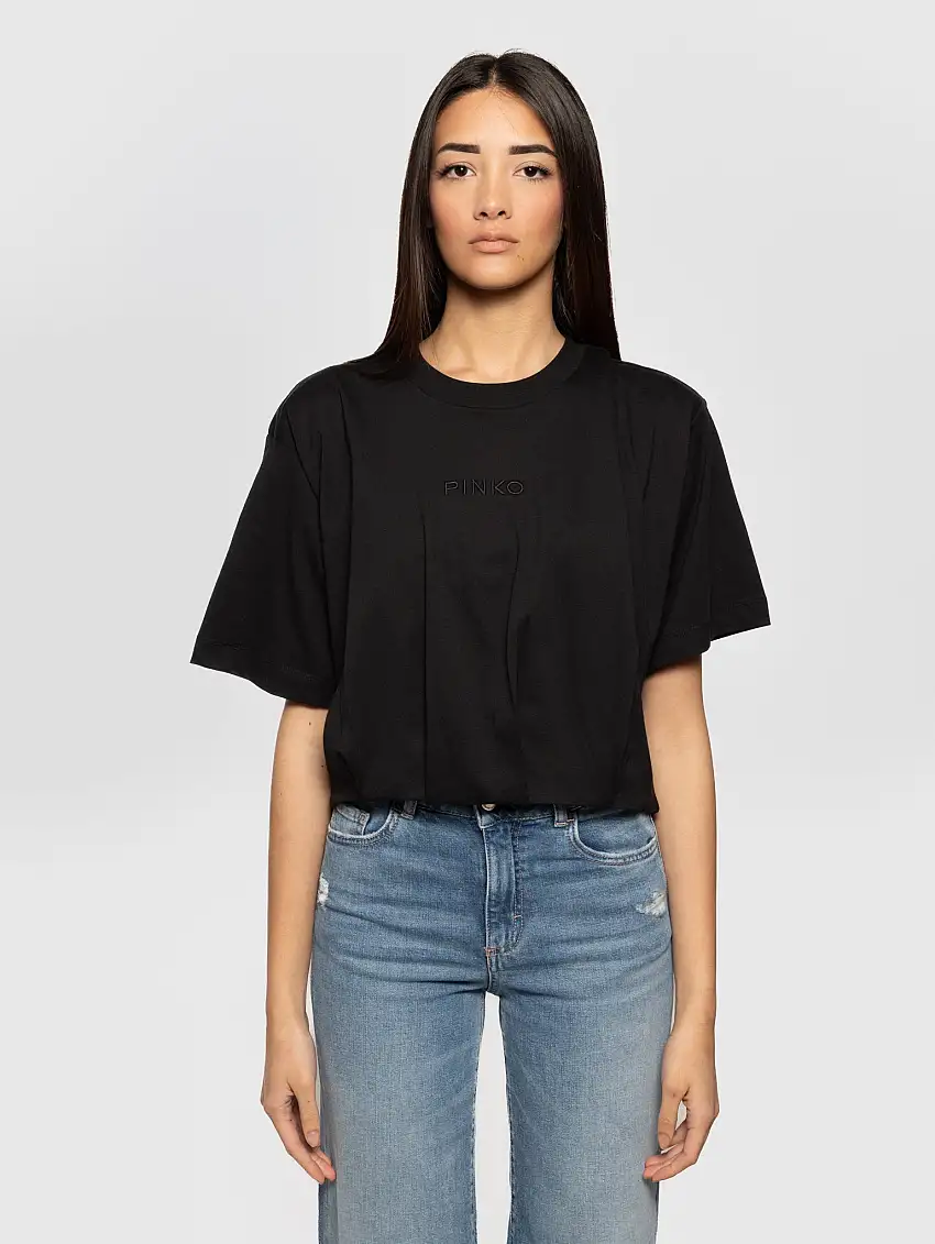 T-shirt Cropped con Pieghe Nero
