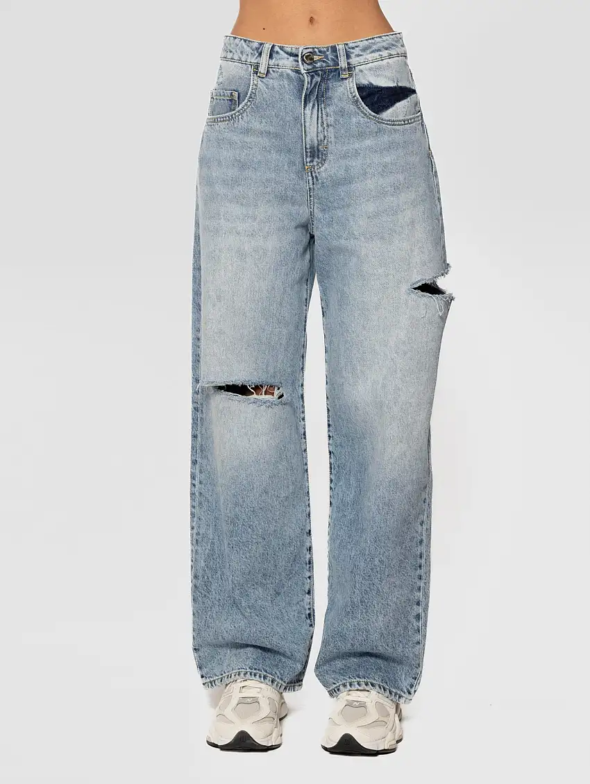 Jeans Poppy con Strappi Wide Leg Blu