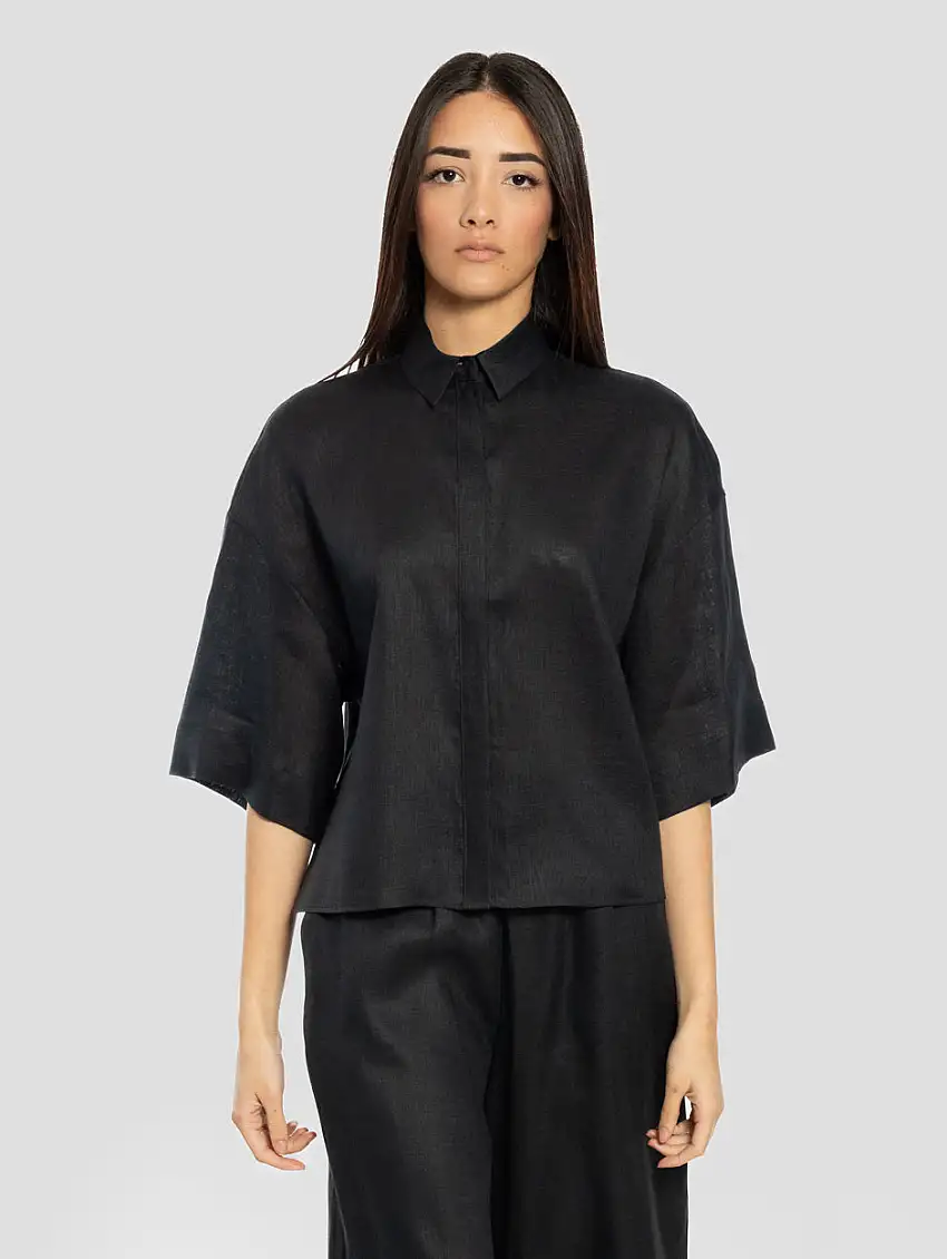 Camicia Cropped in Lino Mirano Nero