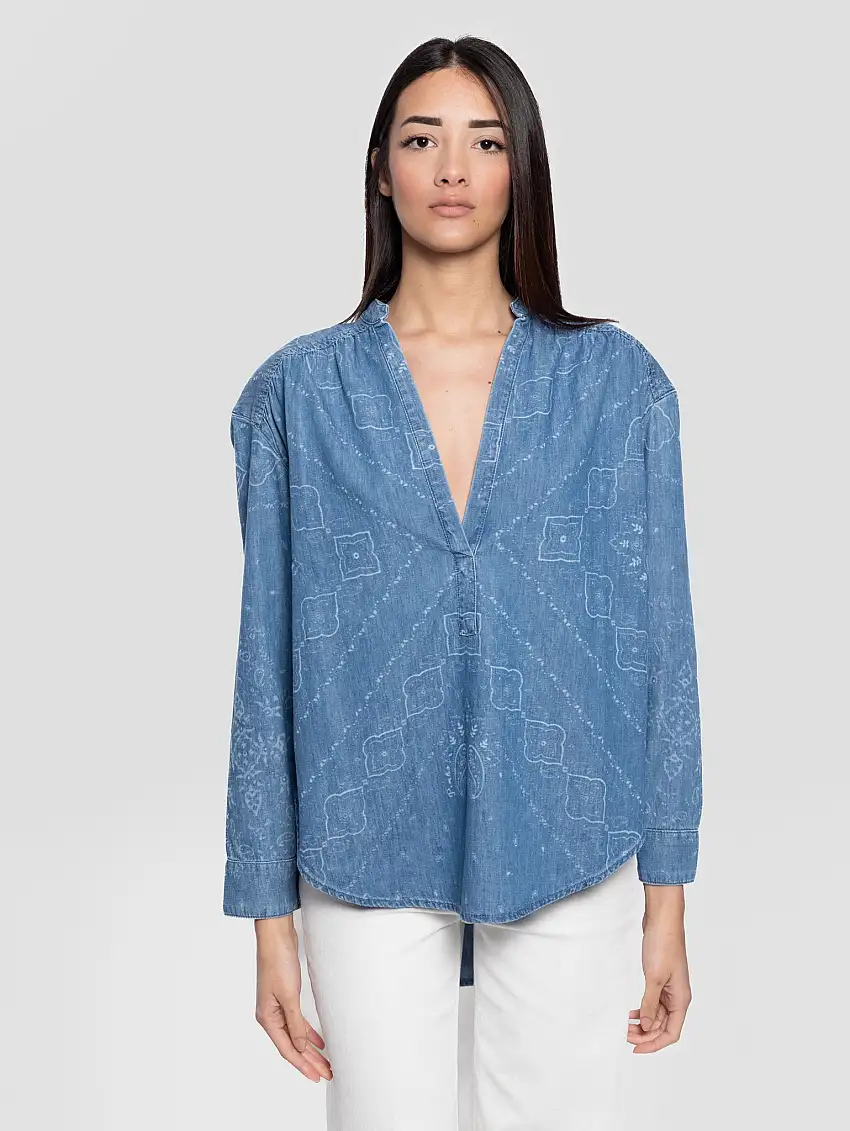 Blusa con Scollo a V con Stampa Blu