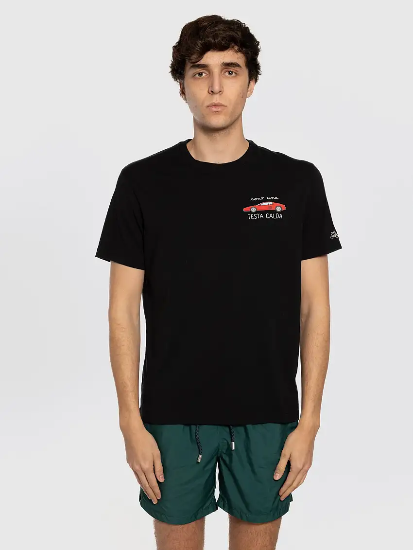 T-shirt Girocollo con Ricamo Sono una Testa Calda Nero