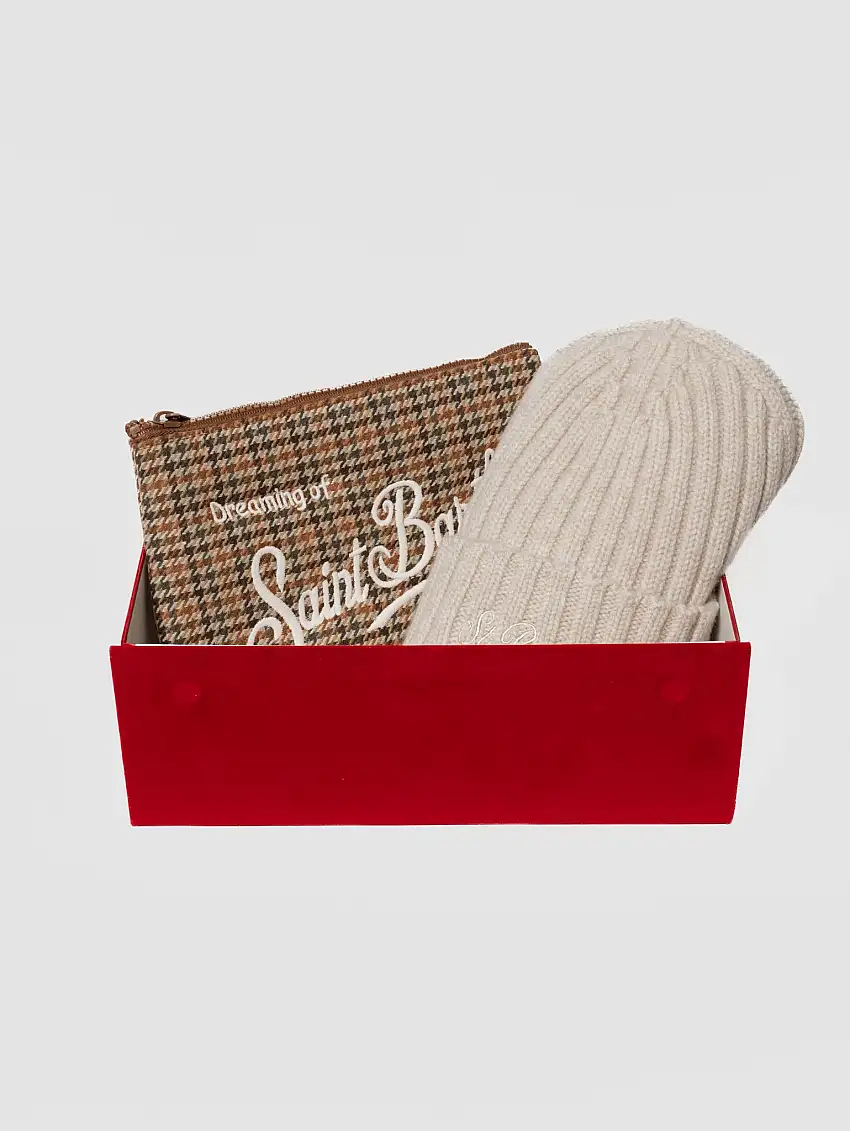 Box con Cappello in Lana e Pochette Pied de Poule Beige