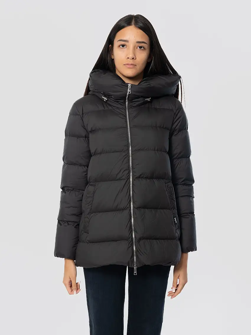 Piumino con Cappuccio e Zip Laterali Riso Nero