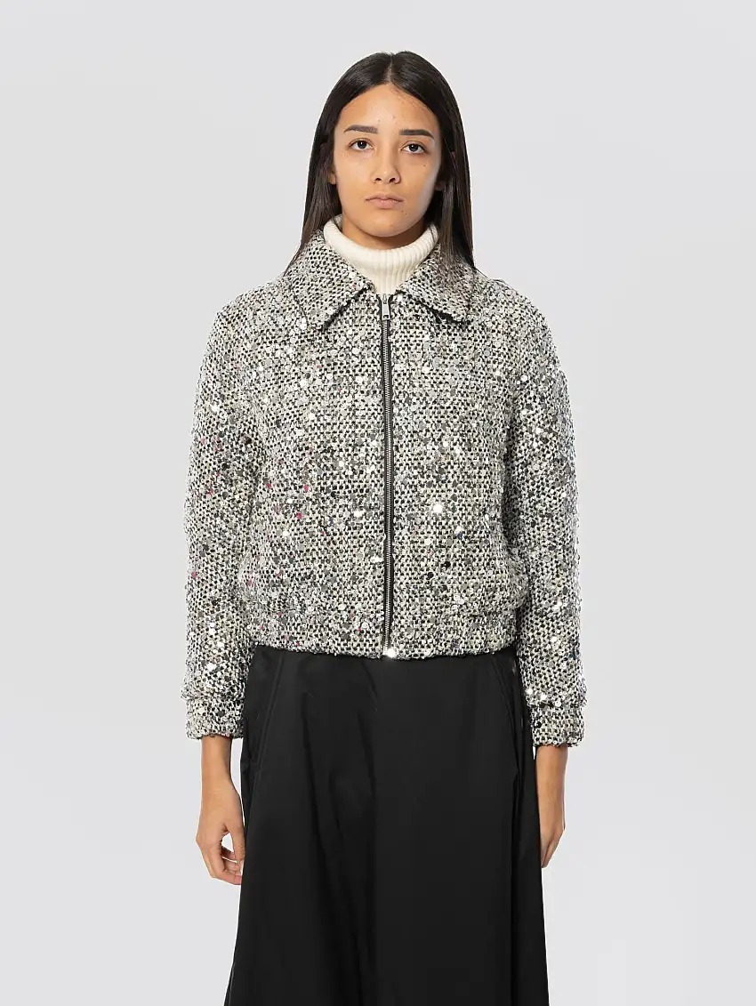 Bomber in Tweed con Paillettes Imbottito Grigio