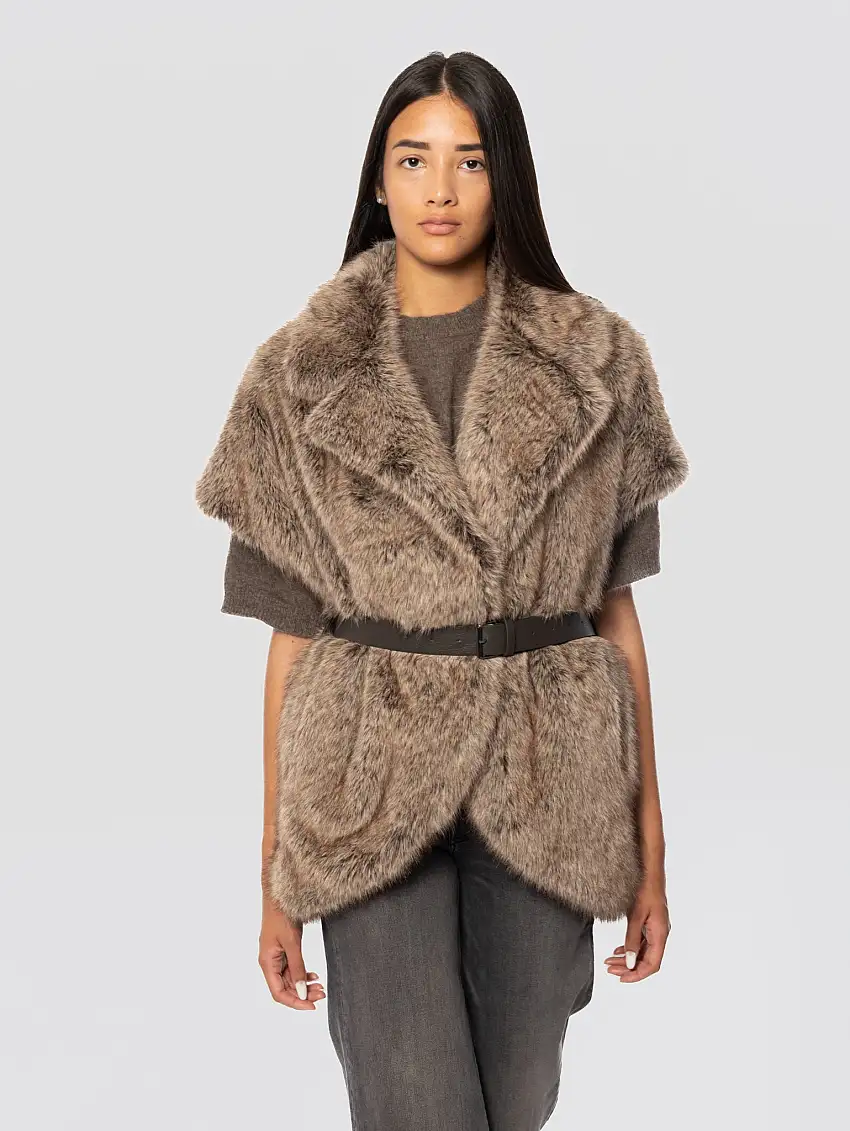 Gilet Corto in Ecopelliccia a Pelo Lungo Greige