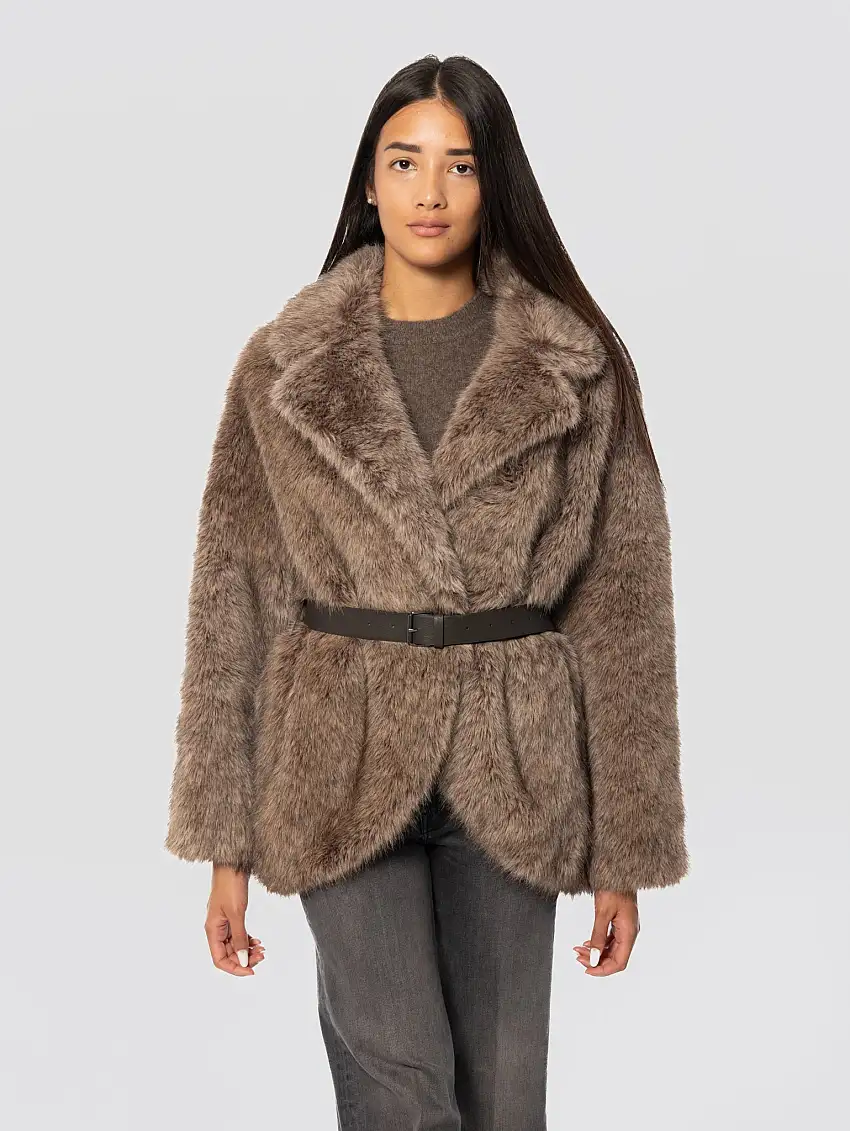 Giaccone in Ecopelliccia a Pelo Lungo Greige