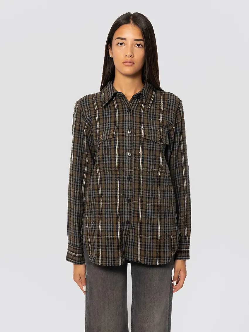 Camicia Check in Flanella con Strass Verde