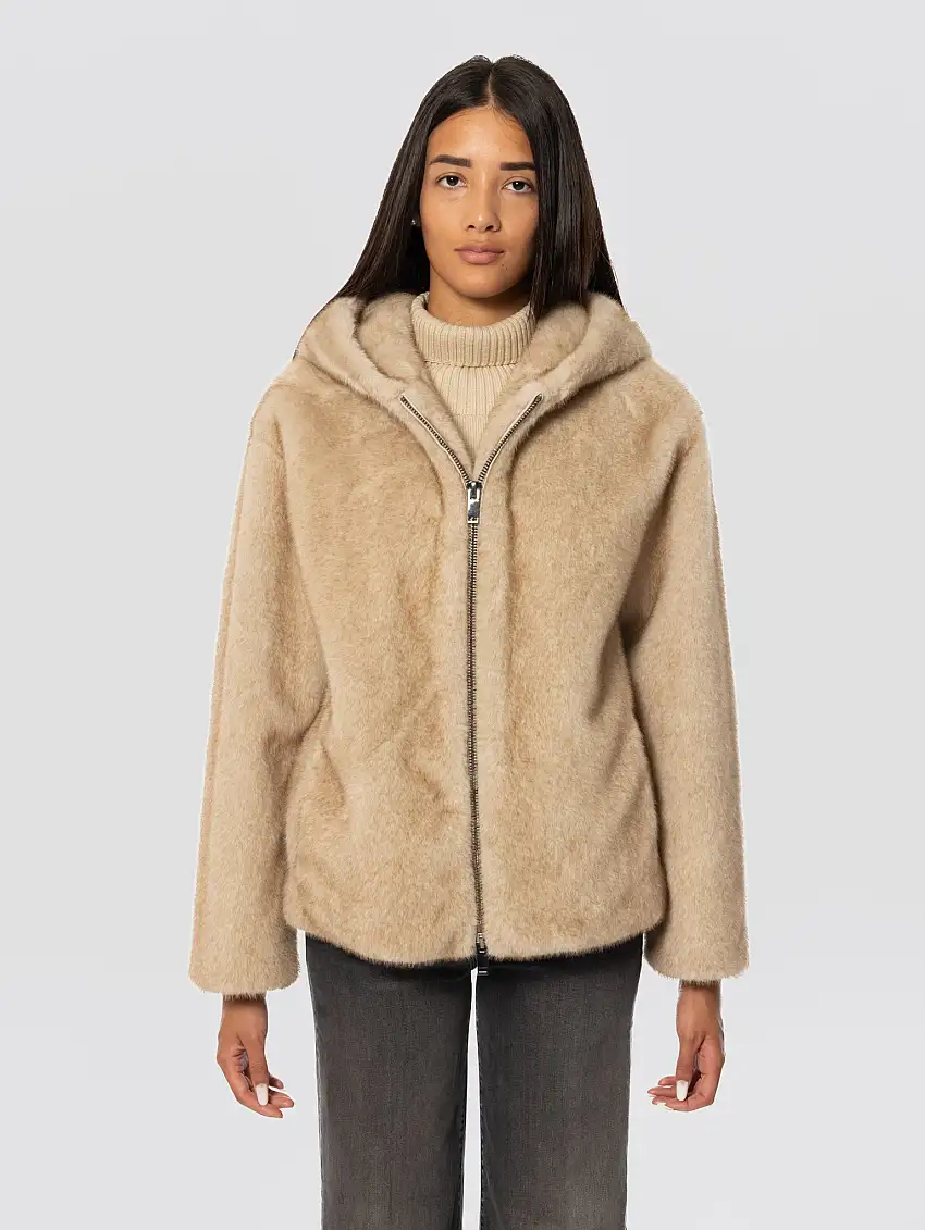Giubbotto in Ecopelliccia con Cappuccio Sabbia
