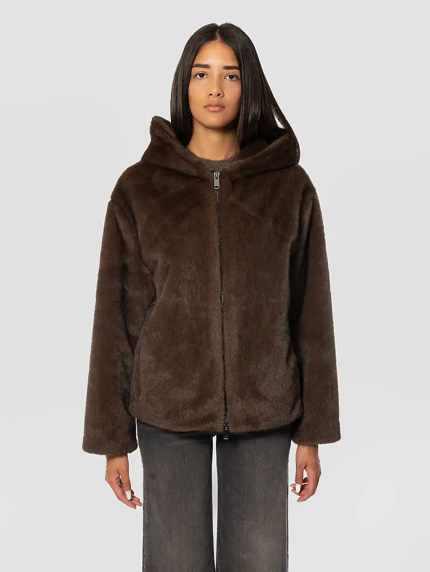 Giubbotto in Ecopelliccia con Cappuccio Marrone