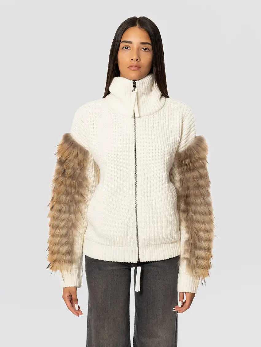 Giacchetto in Maglia di Lana con Pelliccia Panna