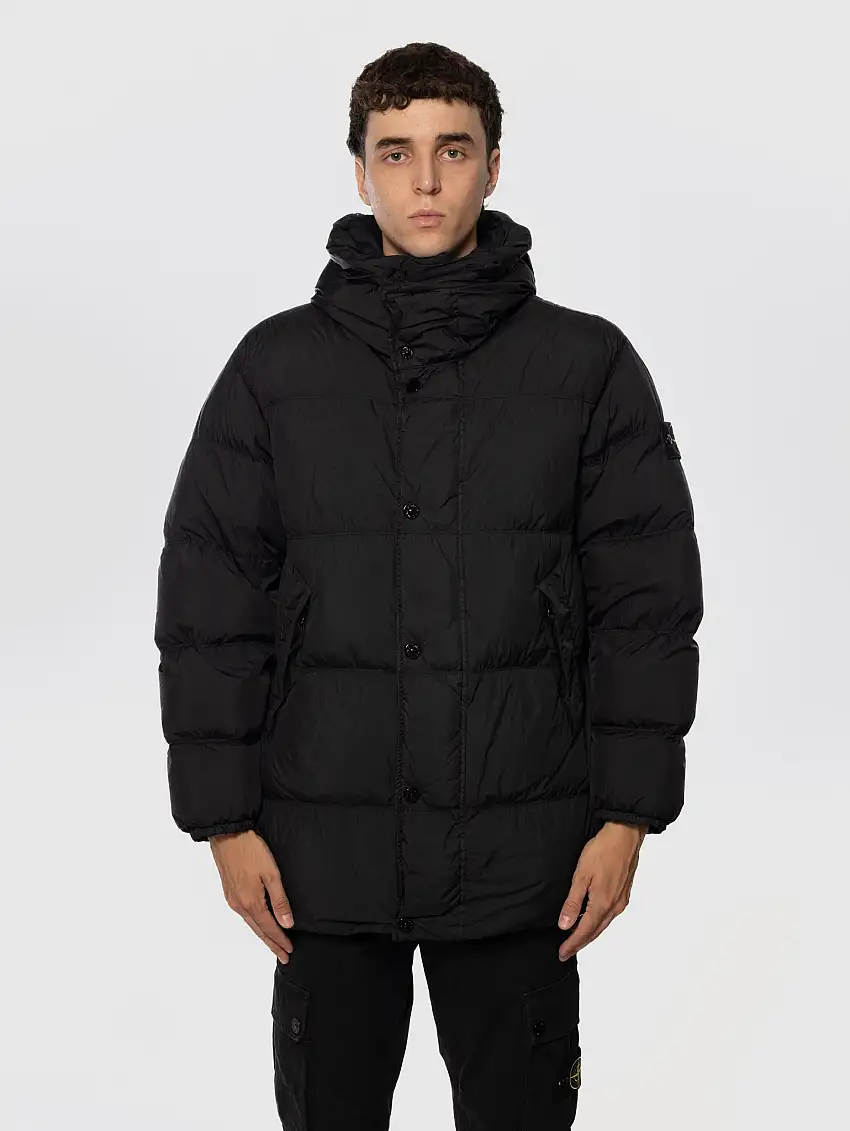Parka con Cappuccio in Reps di Nylon Riciclato Nero
