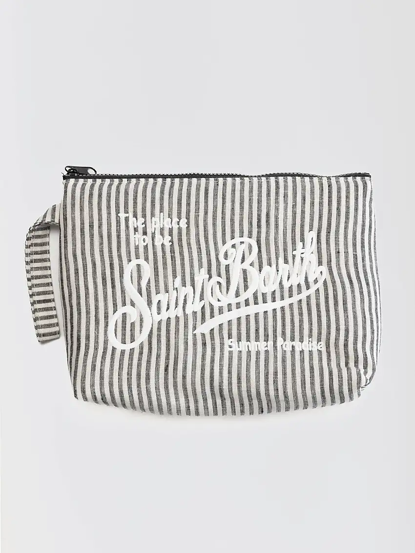 Pochette Soft in Lino a Righe Sottili Nero/Bianco