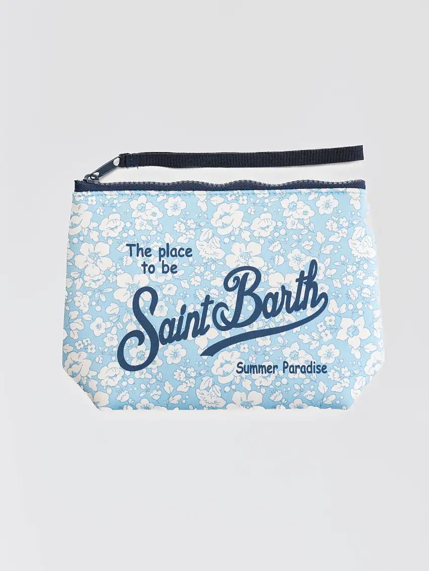 Pochette in Neoprene Scuba Stampa Fiori Blu/Bianco