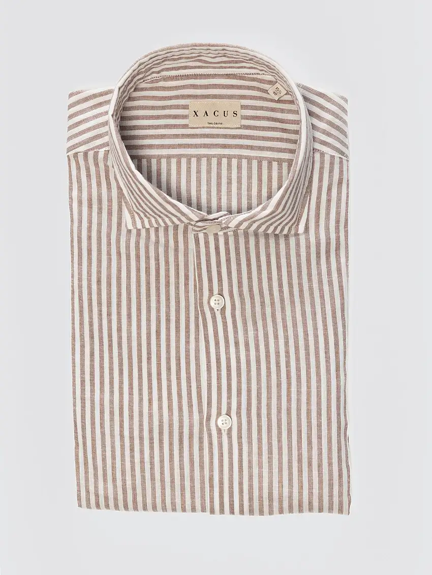 Camicia in Misto Lino a Righe Marrone/Bianco