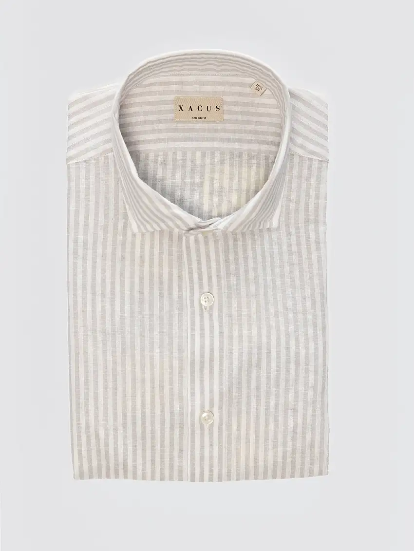 Camicia in Misto Lino a Righe Beige/Bianco