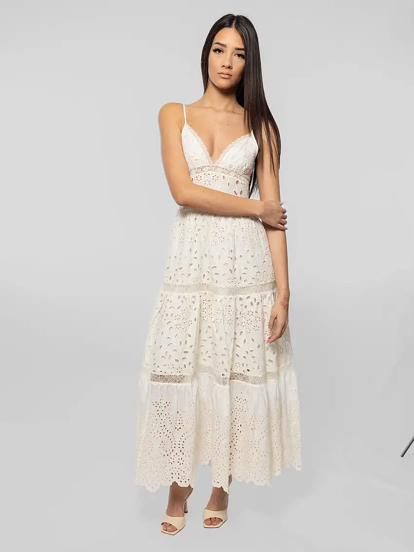 Abito Lungo in Pizzo con Scollo a V Ecrù