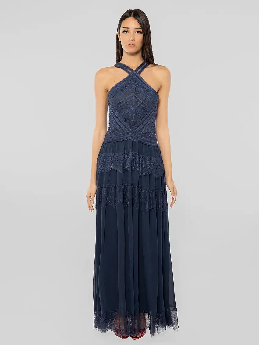 Abito Lungo in Pizzo con Scollo all'Americana Blu