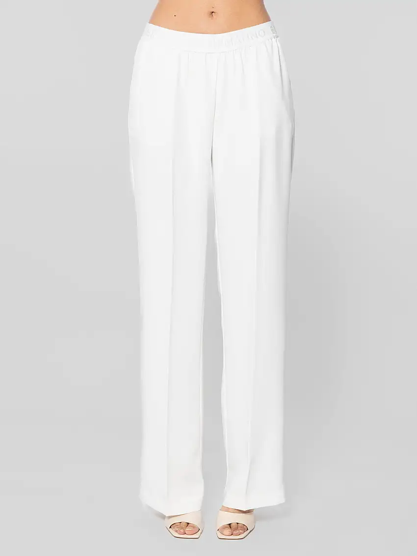 Pantaloni Palazzo con Elastico Logato Bianco
