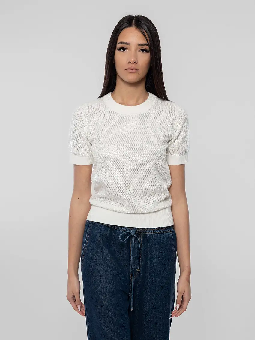 Maglia Girocollo Full Paillettes Panna