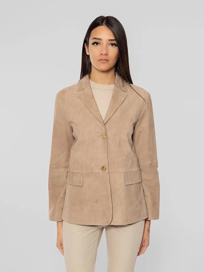 Giacca Dritta in Pelle Scamosciata Primula Beige