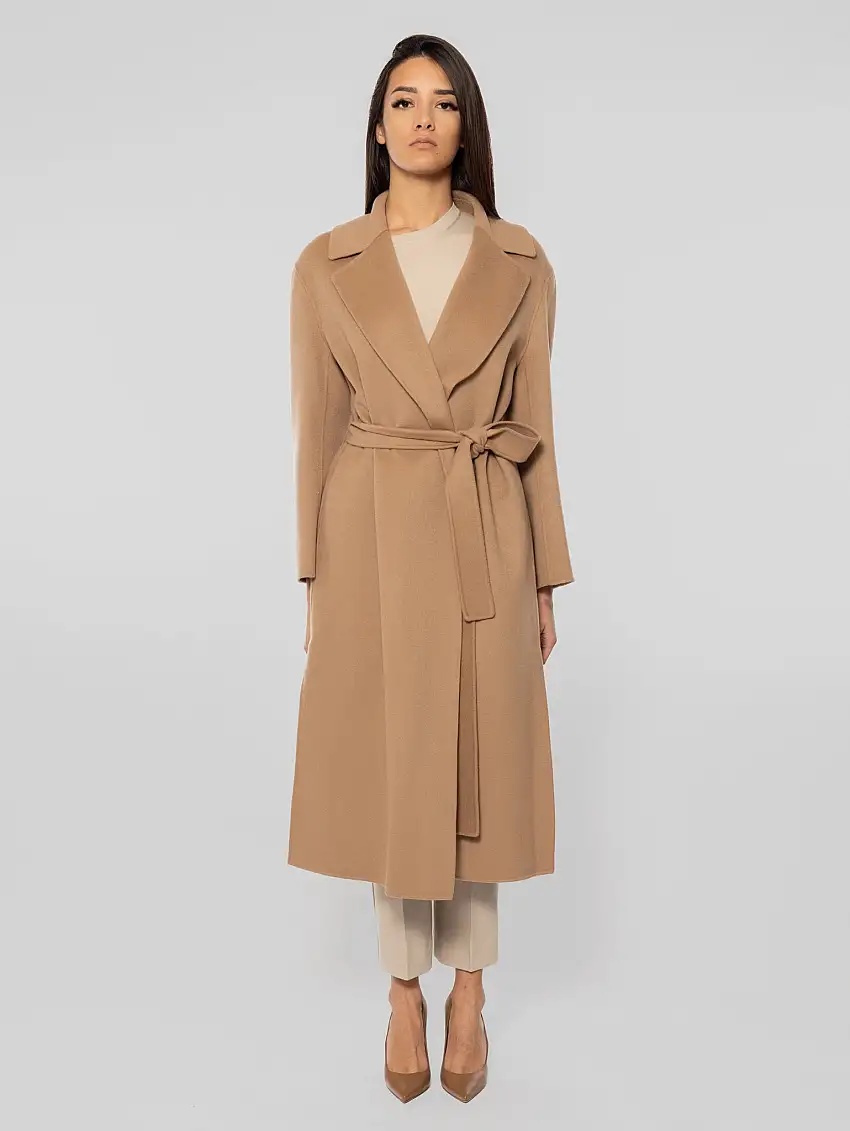 Cappotto Livia Midi a Vestaglia in Drap di Lana Cammello