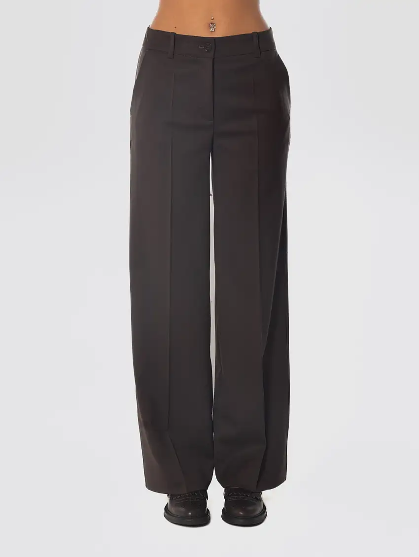 Pantaloni Palazzo in Gabardina di Lana Testa di Moro