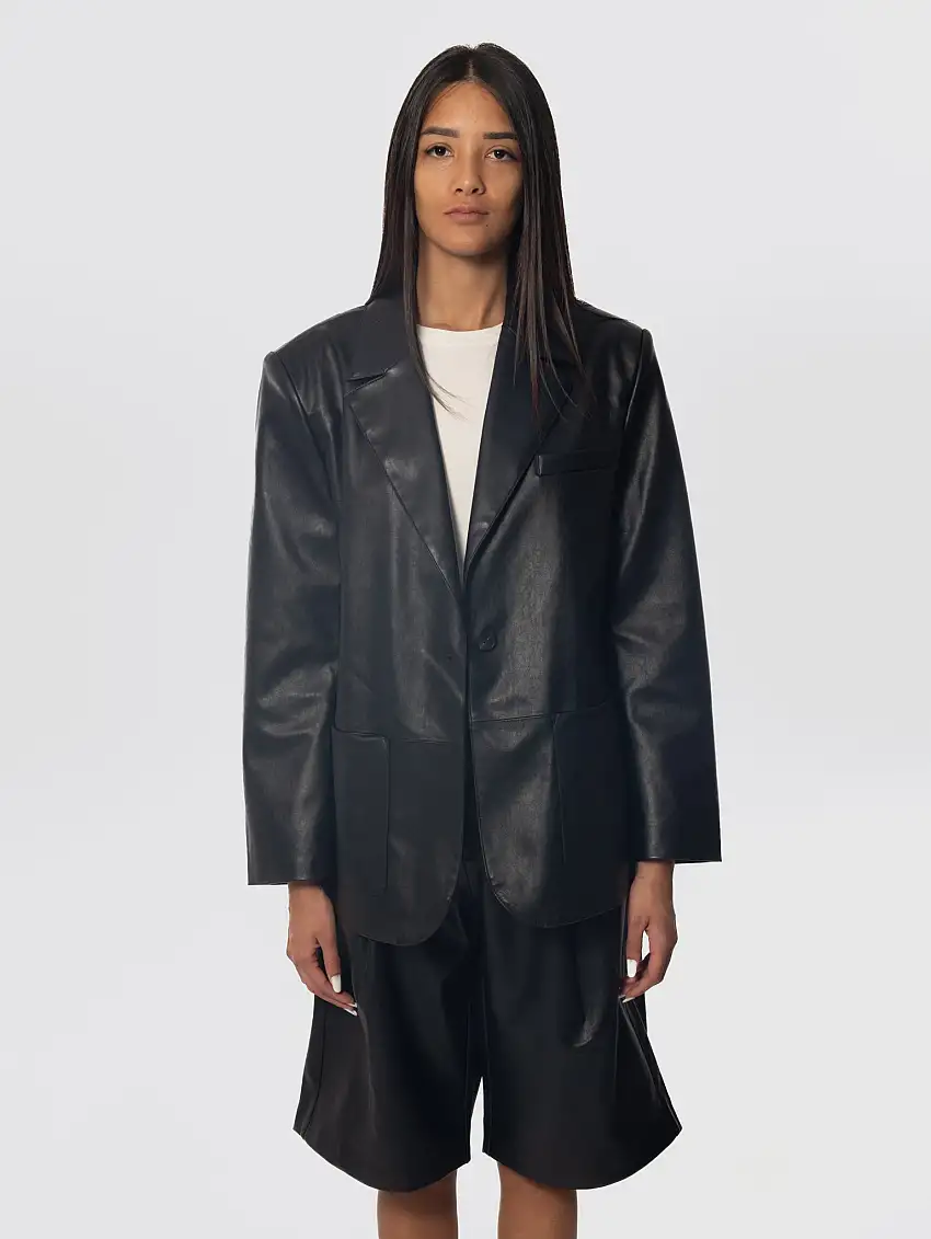 Giacca Ampia in Similpelle Nera