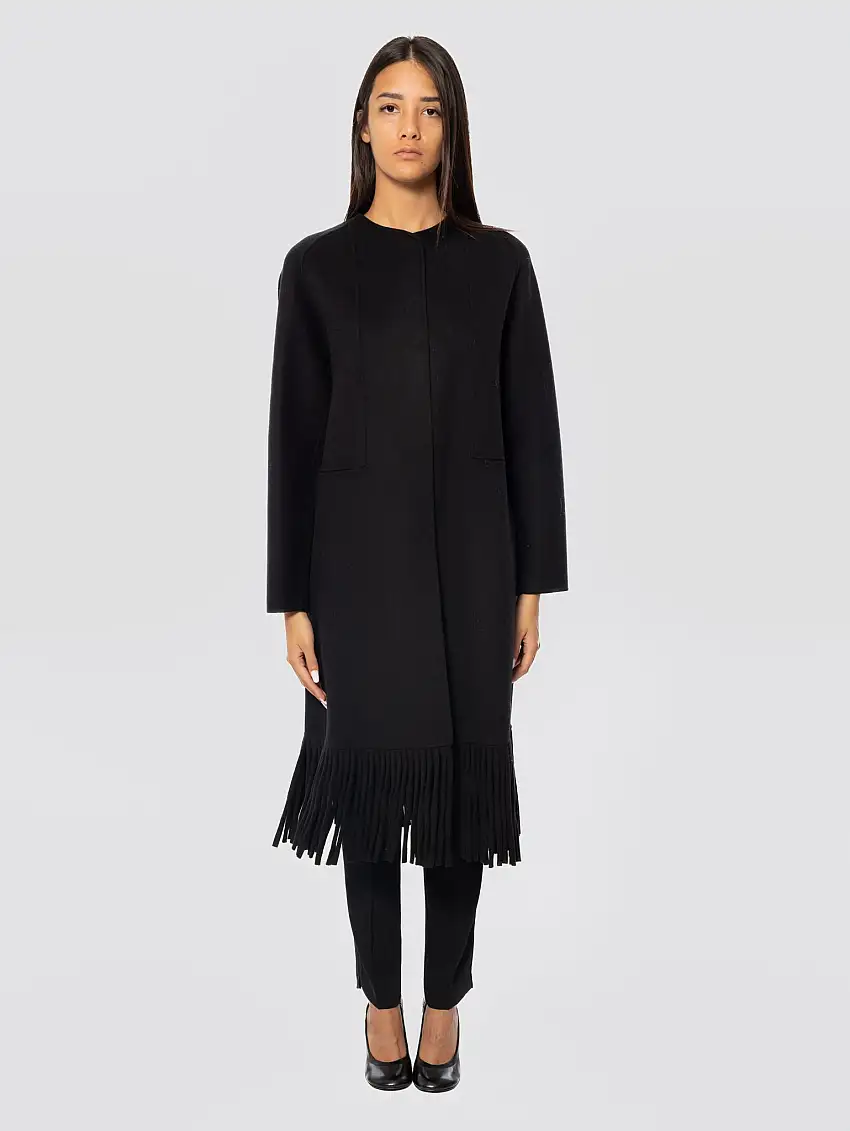 Cappotto con Frange in Panno di Lana Nero
