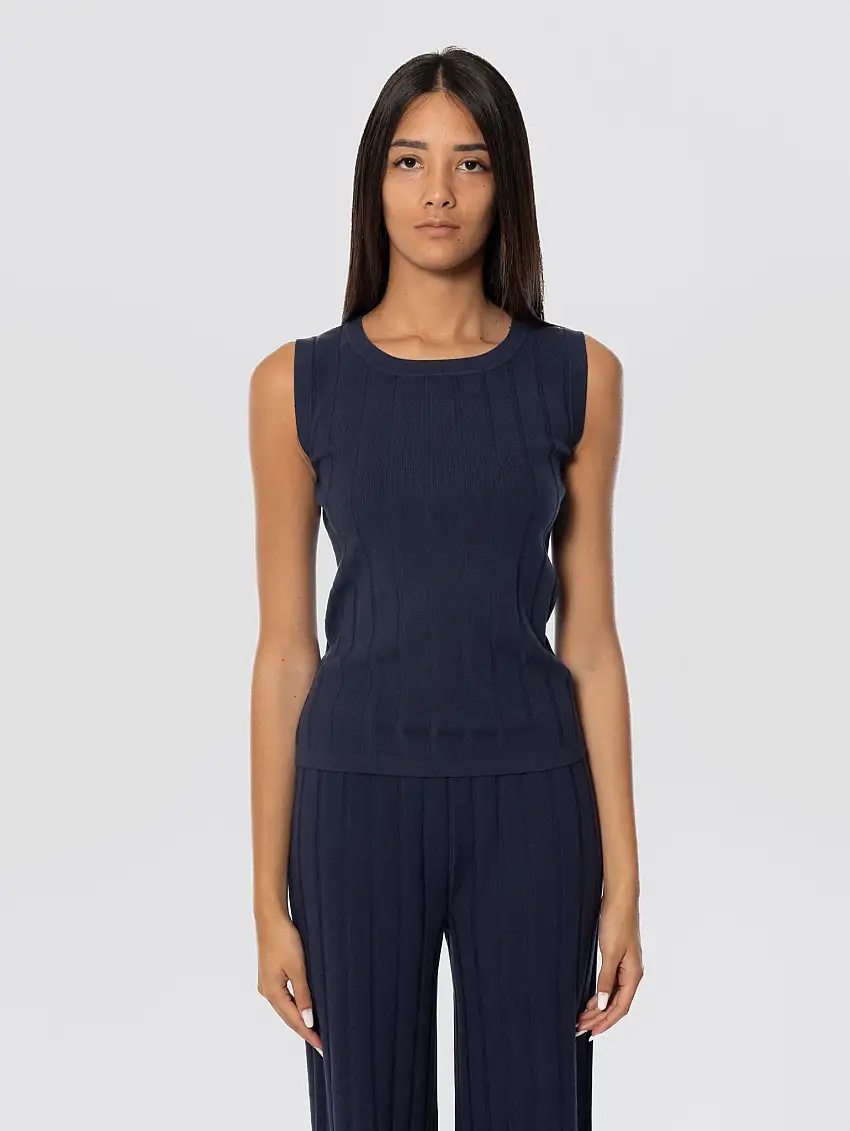 Top in Viscosa Stretch a Coste Blu