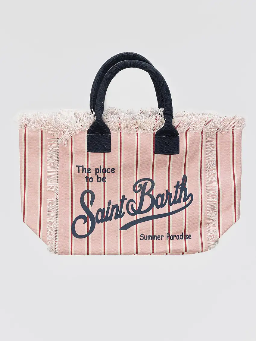 Borsa Tote in Cotone a Righe con Frange Rosa