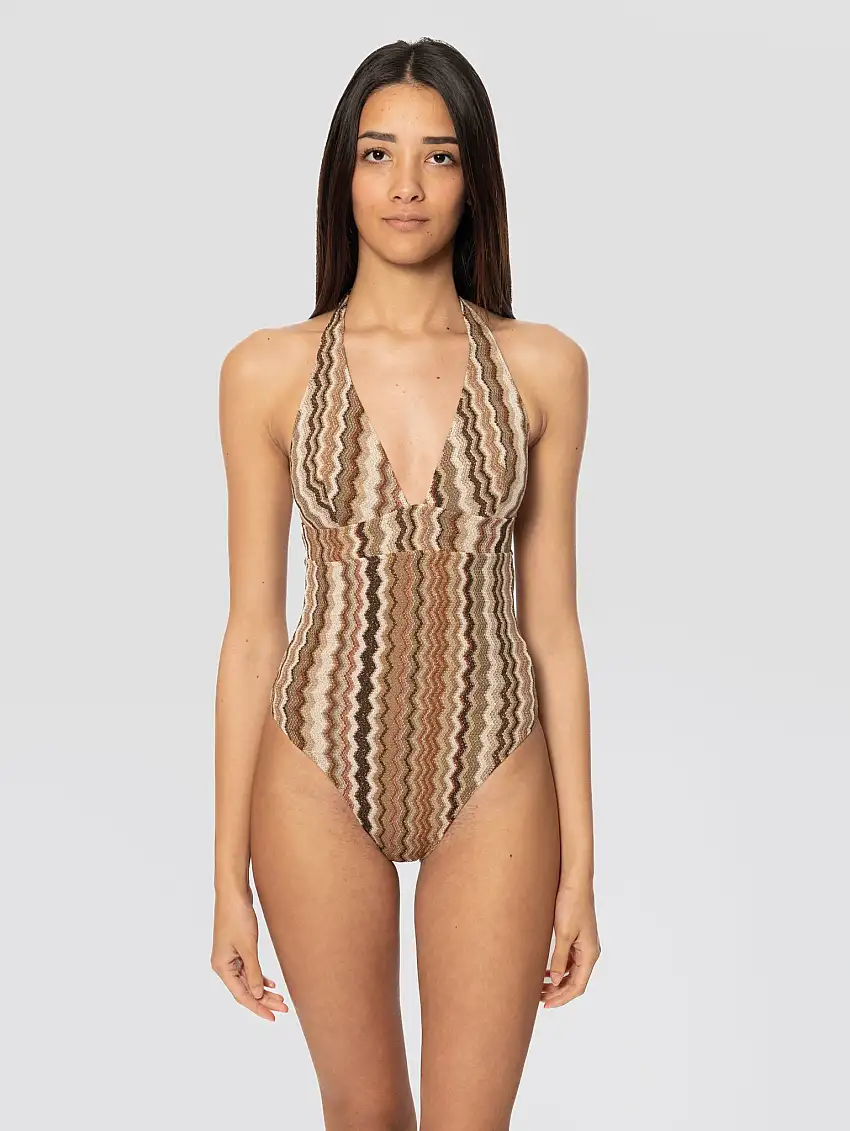 Costume Intero in Lurex con Scollo a V Marrone