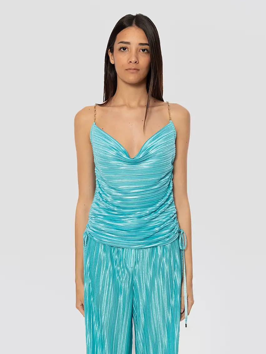 Top Plissé con Stampa Floreale Turchese