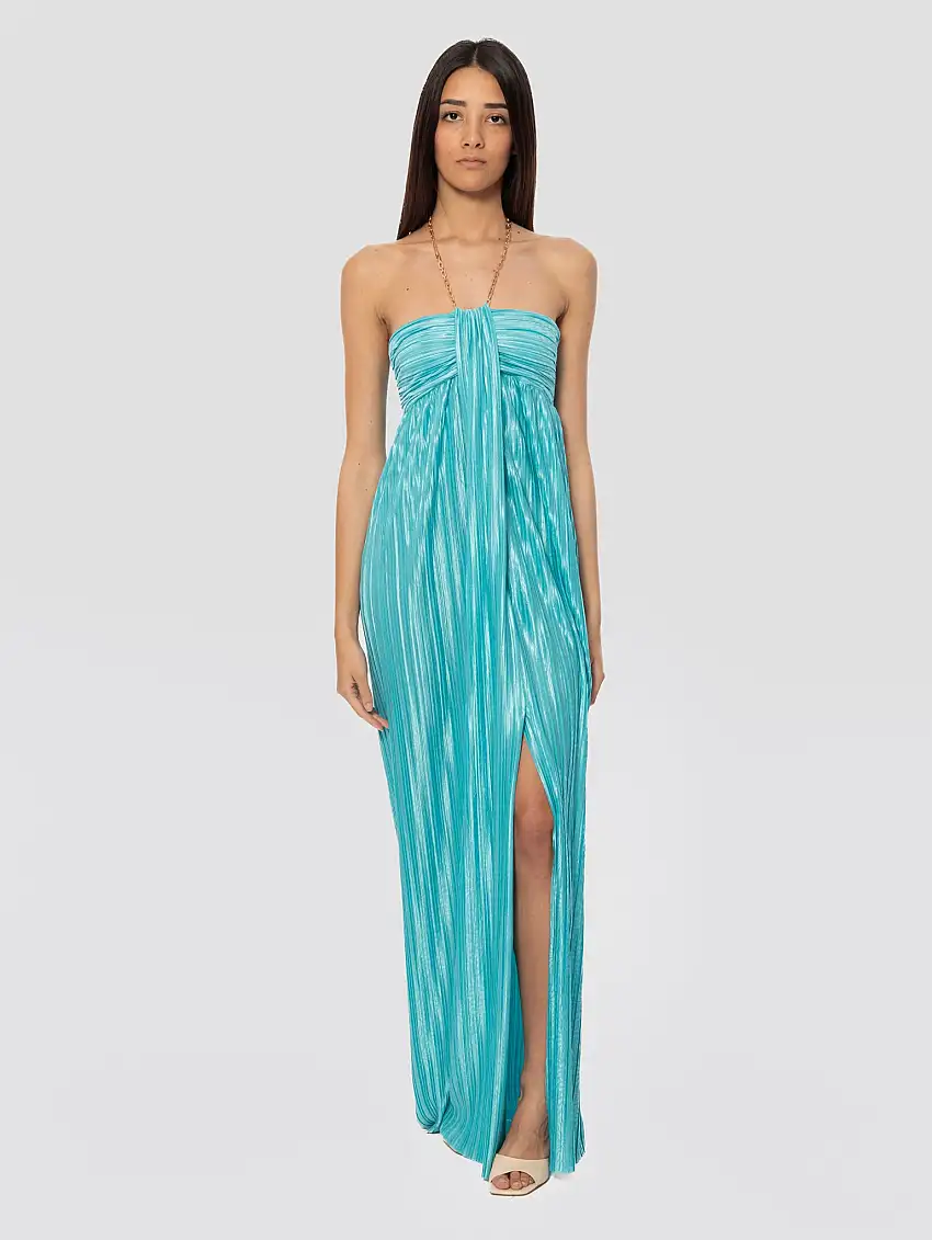 Abito Lungo Plissé con Stampa Floreale Turchese