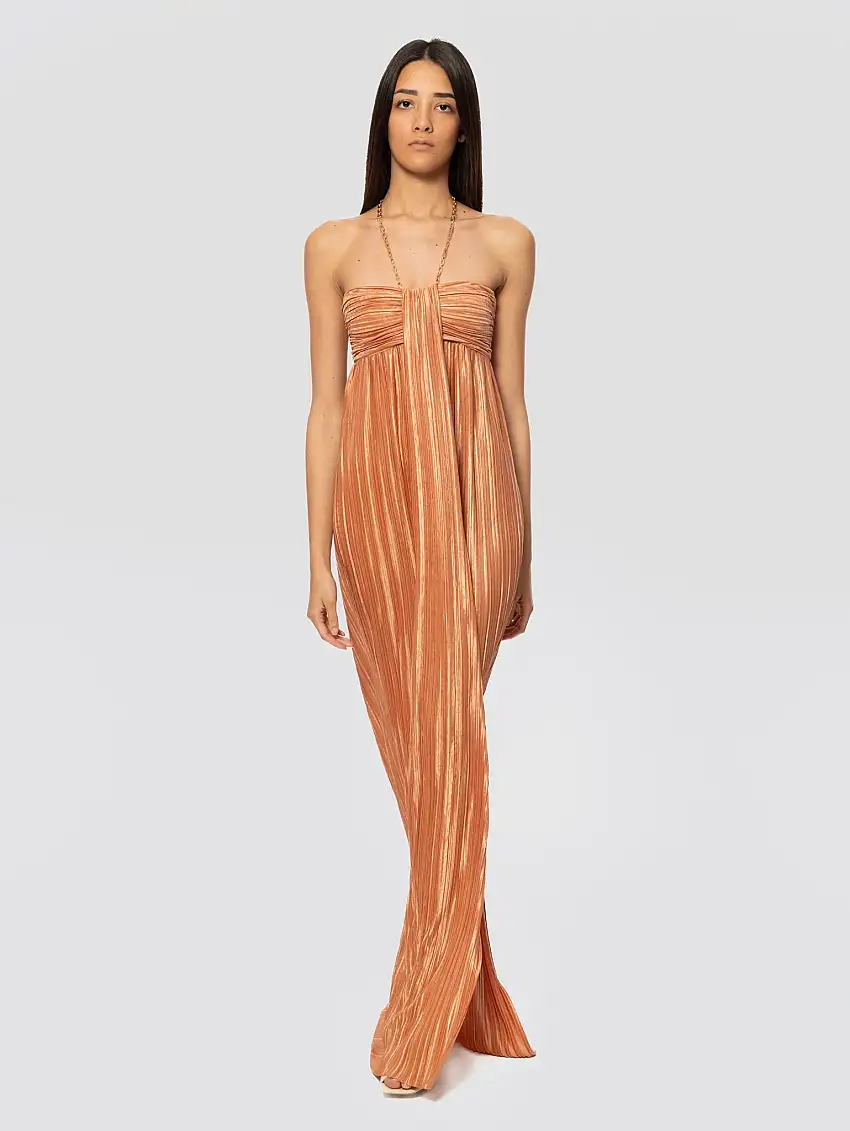Abito Lungo Plissé con Stampa Floreale Caramello