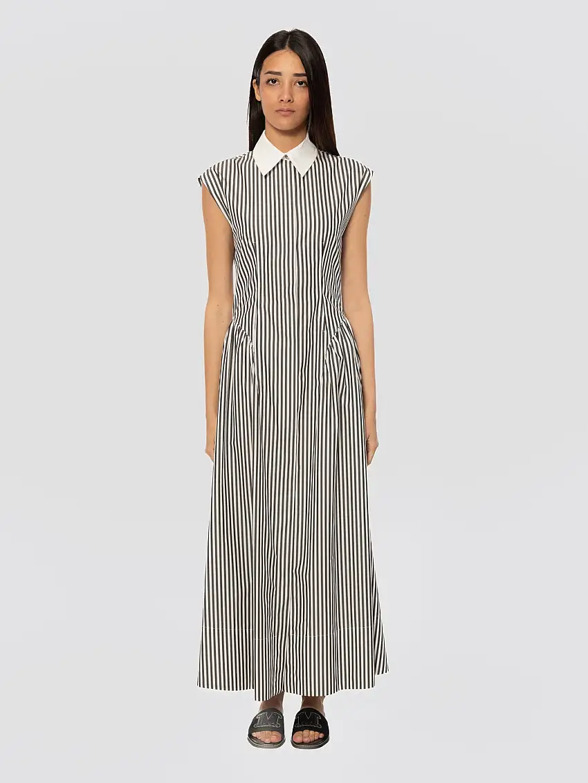 Abito Lungo a Righe in Popeline Nero/Bianco