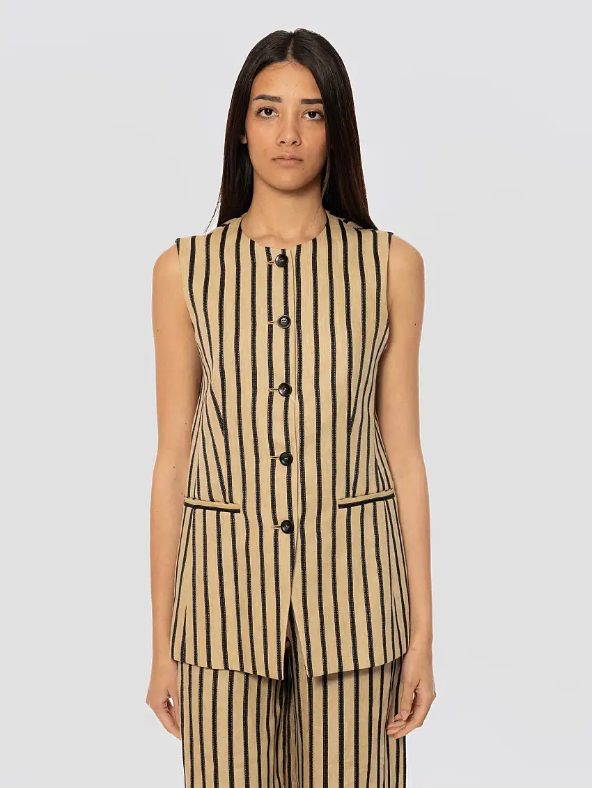 Gilet in Lino e Cotone a Righe Beige/Nero